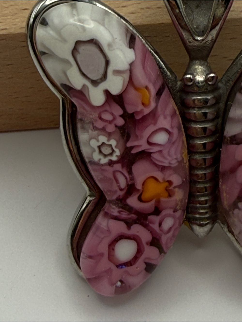 Karis Signed Butterfly Pendant Pink Floral Millefiori Glass Silver Tone Jewelry - Picture 2 of 7